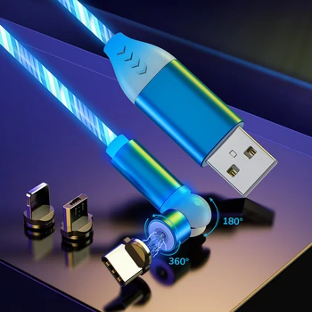 540º Mágneses Kábel Micro-USB-C Típusú Gyors Töltés Telefon Áramló Fény LED Mágnes Töltő Samsung iPhone 11 Huawei Xiaomi