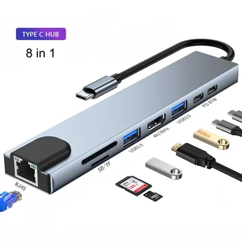 8 az 1-ben USB 3.0 Hub Laptop Adapter PC Számítógép PD Díj 8 Port Dokkoló Állomás, RJ45 HDMI TF/SD Kártya Notebook C-Típusú Splitter