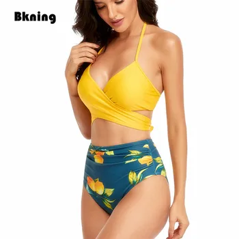 A nők Magas derekú Bikini 2021 ÚJ kétrészes fürdőruhát Női 2 Darab Női Nyomtatás Szexi Pántos Kötést Bikini Szett