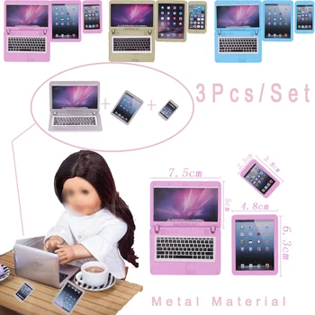 Baba Kiegészítők 3Pcs/Set =Fém Számítógép+Mobil+Laptop 18 Inch Amerikai&43 CM Reborn Baba babaház,Generációs Lány Játék