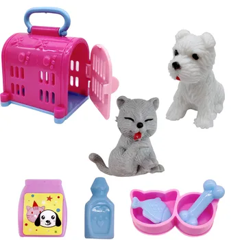 Barbie hercegnő baba kiegészítők aranyos macskák, kutyák, macska a ketrecben + kutya ketrec, állat szimulációs modell interaktív műanyag játékok