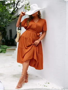 Simplee Plusz Elegáns flare ujjú fodros-line női ruha a plus size Fashion V-nyakú öv 4XL maxi ruha, Szilárd, magas derék ruha