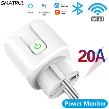 SMATRUL 20A Tuya WiFi EU Smart Plug 220V Teljesítmény Monitor Vezeték nélküli Csatlakozó Távirányító Időzítő Vezérlő A Google Haza Alexa Smartlife APP