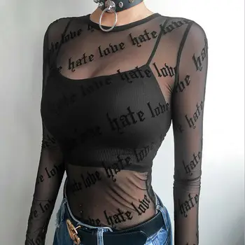 Strandcuccot Bikini Fedezze Fel a Nők Háló Puszta átlátszó, Szexi Hosszú Ujjú Felsők Fekete nyomtatás Póló Blúz