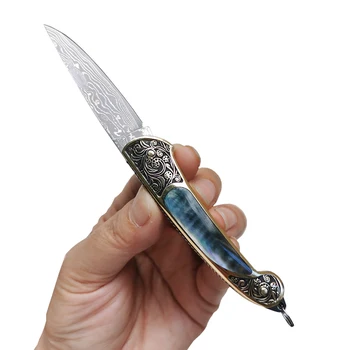 Összecsukható kés Új stílus A fogantyú shell Tiszta kézi Damaszkuszi kés Minta acél kerti eszközök önvédelem kés