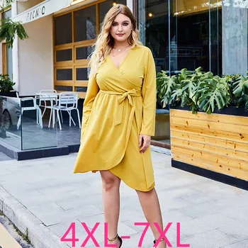Új 2021 őszi téli molett ruhák nőknek a nagy, laza alkalmi scollop öv sárga, V-nyakú mélyen kivágott ruha 4XL 5XL 6XL 7XL