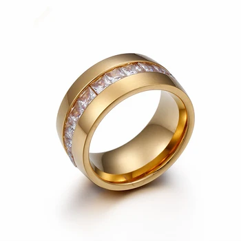 Új Rozsdamentes Acél Egyszerű Arany Kerek Gyűrű A Nők 10mm Szélességű Fehér Strasszos Ujj Gyűrű A Lányok Parti Ékszer