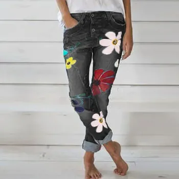 Új Virág Nyomtatás, Magas Derék Jeans Női Nadrág Vékony Jean Alja Vékony Push Up Farmert Nő Streetwear Plus Size Nadrág